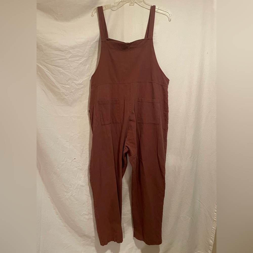 Rust Brown Linen Blend Overalls with Pockets - Picture 5 of 7
